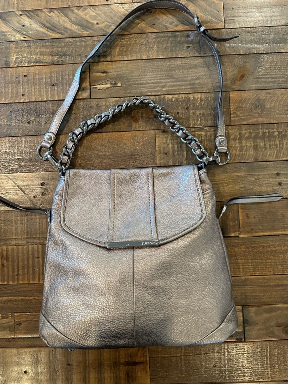B.Makowsky Gold Metallic Leather Bag with Chain Detail